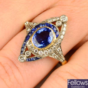 An Art Deco 18ct gold sapphire and diamond ring.