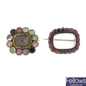 Two 19th century garnet and gem-set memorial brooches.