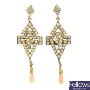 A pair of split pearl and coral geometric drop earrings.