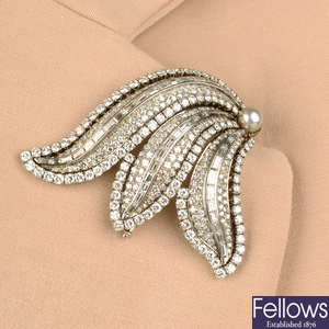 A mid 20th century cultured pearl, vari-cut diamond foliate brooch, by Schilling.
