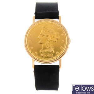 JAEGER-LECOULTRE - a mid-size yellow metal Ten Dollar coin wrist watch.