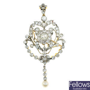 An Art Nouveau old and circular-cut diamond and natural pearl pendant.