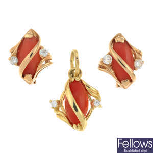 A pair of coral and colourless gem earrings and pendant set.