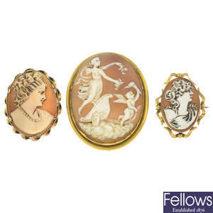 Five cameo brooches.