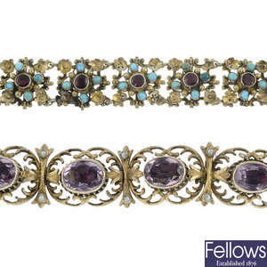 An Austro Hungarian garnet and turquoise bracelet, together with a Hungarian silver, split pearl and amethyst bracelet.