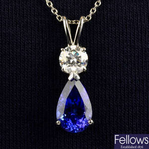 A platinum tanzanite and brilliant-cut diamond pendant, with chain.