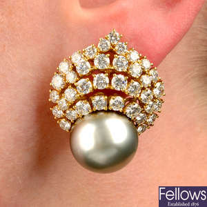 A pair of 18ct gold cultured pearl and brilliant-cut diamond earrings.