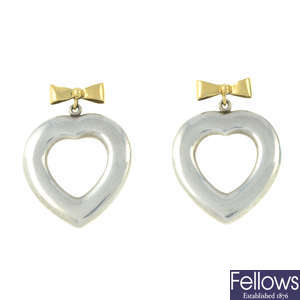 A pair of silver and 18ct gold openwork heart drop earrings, by Tiffany & Co.