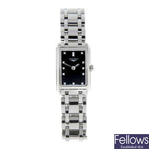 CURRENT MODEL: LONGINES - a lady's stainless steel DolceVita bracelet watch.