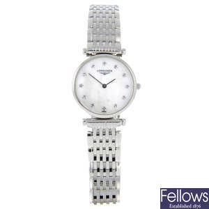 CURRENT MODEL: LONGINES - a lady's stainless steel La Grande Classique bracelet watch.