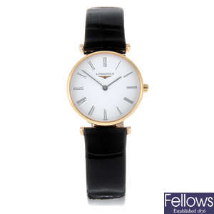 CURRENT MODEL: LONGINES - a lady's rose gold plated La Grande Classique wrist watch.