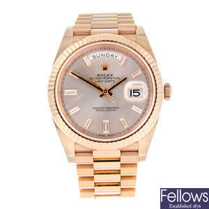 ROLEX - a gentleman's 18ct Everose gold Oyster Perpetual Day-Date 40 bracelet watch.