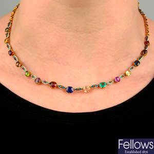 A late Victorian 15ct gold multi-gem and enamel necklace.