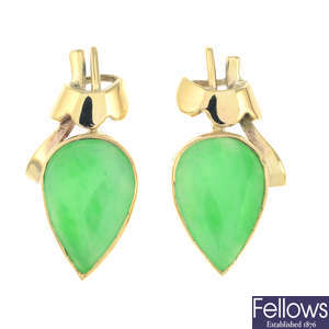 A pair of 9ct gold jade earrings.