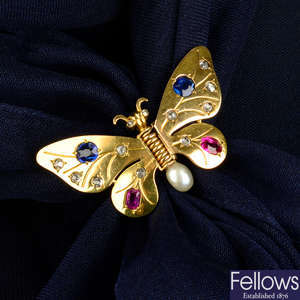 A 1930s 18ct gold sapphire, ruby, rose-cut diamond and cultured pearl butterfly brooch, by Ren