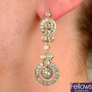 A pair of old-cut diamond cluster drop earrings.