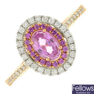 An 18ct gold pink sapphire and diamond cluster dress ring.