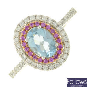 An 18ct gold aquamarine, pink sapphire and diamond dress ring.