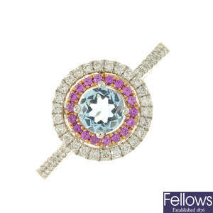 An 18ct gold aquamarine, pinks sapphire and diamond dress ring.