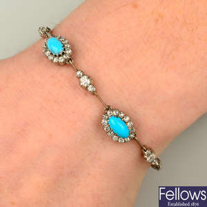 An early 20th century 15ct gold and silver, turquoise and old-cut diamond cluster bracelet.