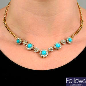 An early 20th century 15ct gold and silver, turquoise and diamond cluster necklace, with detachable bracelet back-chain.