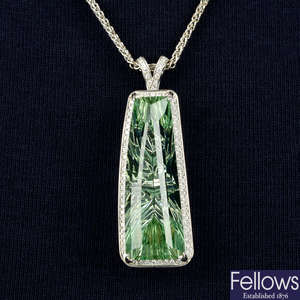 A fancy-cut green beryl, reputedly cut by Chris Wolfsberg, and diamond pendant, with 18ct gold chain.