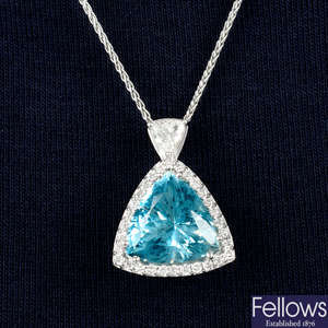 An 18ct gold aquamarine and diamond pendant, on chain.