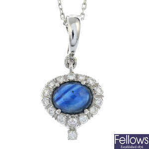 A sapphire cabochon and brilliant-cut diamond pendant, with chain.