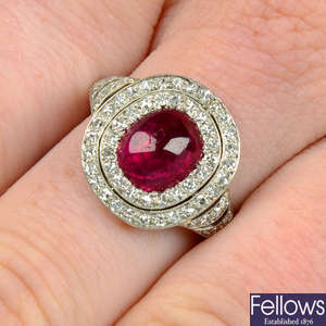 An Edwardian platinum Burmese ruby cabochon and single-cut diamond ring.