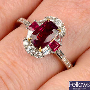 A Burmese ruby, ruby and diamond dress ring.