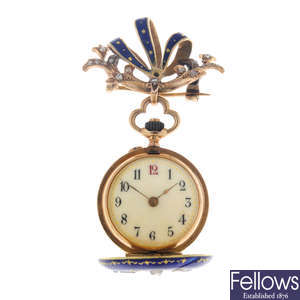 A yellow metal enamel fob watch by LeCoultre.