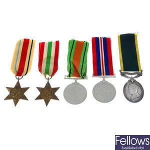 WWII, 1939-45 Star, Africa Star, Italy Star, Defence Medal, War Medal 1939-45, and Efficiency Medal, with Territorial clasp. (5).