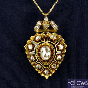 A late 19th century enamel and rose-cut diamond heart pendant, with later 18ct gold chain.