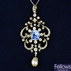 An early 20th century silver and gold, Sri Lankan sapphire, natural pearl and diamond pendant, with later chain.
