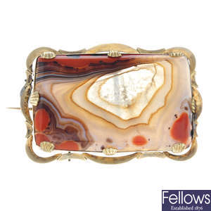 A late 19th century gold agate brooch.