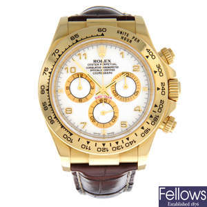 ROLEX - an 18ct yellow gold Oyster Perpetual Cosmograph Daytona chronograph wrist watch, 39mm.