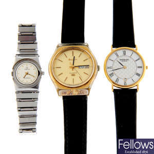A group of five assorted watches, to include a Sewills chronograph, a Raymond Weil, an Omega, a Bulova and a Krug-Baumen chronograph.