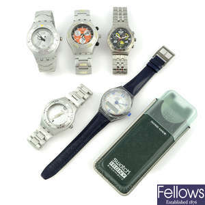 A group of five Swatch watches, to include three Irony examples.