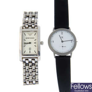 A bag of assorted watches, to include examples by FCUK, Emporio Armani and CK. Approximately 22