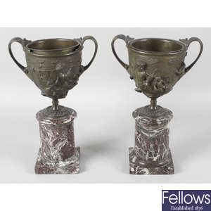 A pair of 19th century bronze kantharos grand tour souvenir vases.