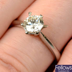 A brilliant-cut diamond, with 18ct gold ring mount.