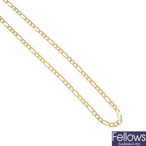 A 9ct gold flat figaro-link chain necklace.