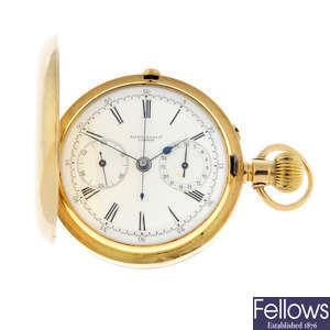 An 18ct yellow gold full hunter chronograph pocket watch by Nicholson and Co, 51mm.