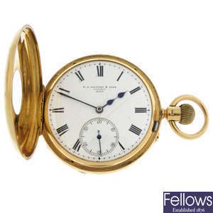 An 18ct yellow gold half hunter pocket watch by R.H Halford & Son, 49mm.