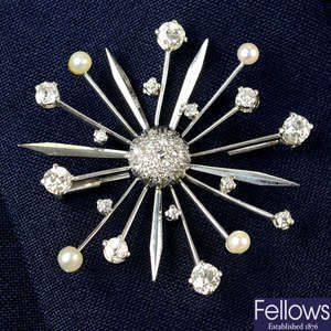 A mid 20th century 18ct gold vari-cut diamond and seed pearl starburst brooch.
