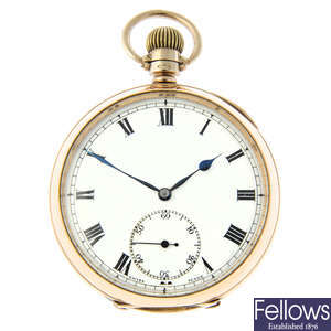 A 9ct yellow gold open face pocket watch, 50mm.