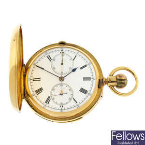 An 18ct gold full hunter chronograph pocket watch, 56mm.
