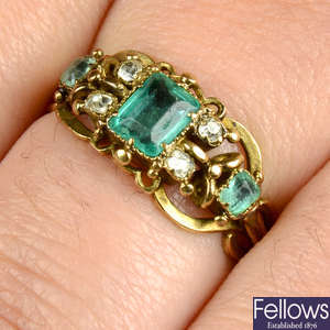 A mid 19th century gold emerald and diamond ring.
