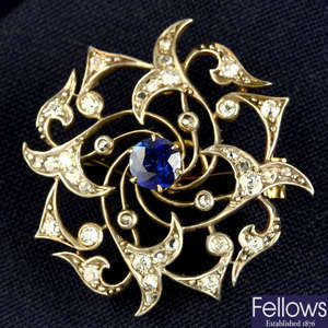 A late Victorian silver and gold, sapphire and vari-cut diamond brooch/pendant.