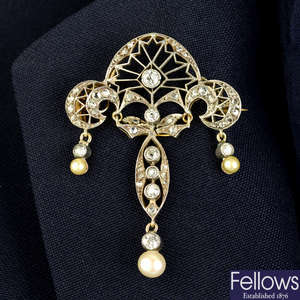 An early 20th century silver and gold, old and rose-cut diamond, pearl and seed pearl openwork brooch/pendant.